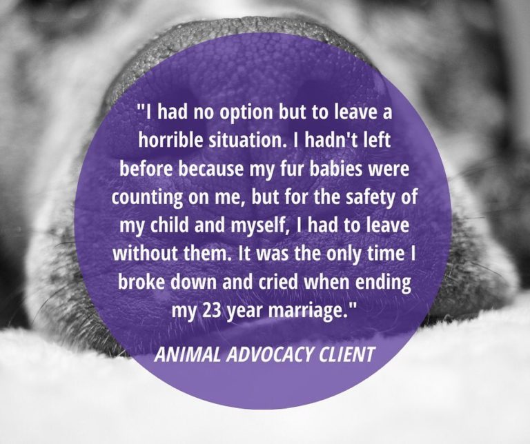 "I had no option but to leave a horrible situation. I hadn't left before because my fur babies were counting on me, but for the safety of my child and myself, I had to leave without them. It was the only time I broke down and cried while ending my 23 year marriage."