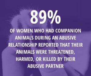89% of women who had companion animals during an abusive relationship reported that their animals were threatened, harmed, or killed by their partner