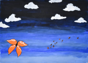 A painting of a butterfly and clouds